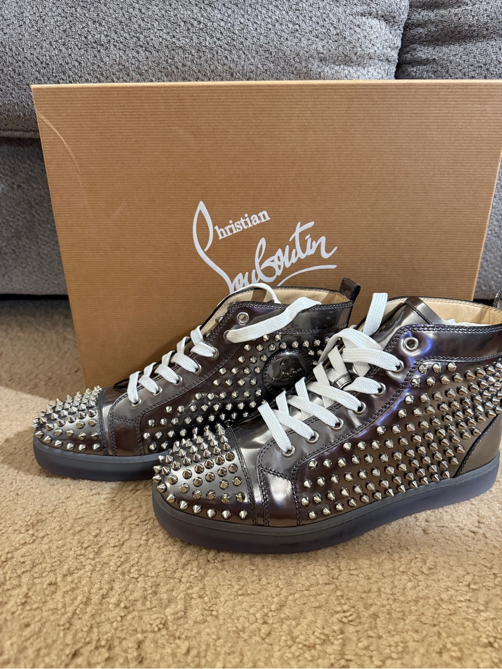 Christian Louboutin Men’s Studded Metallic Brown High-Top Sneakers